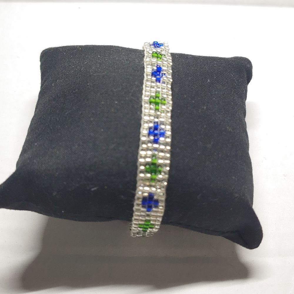 Loom Beaded Bracelet Clear w/ Silver, Blue and Gre